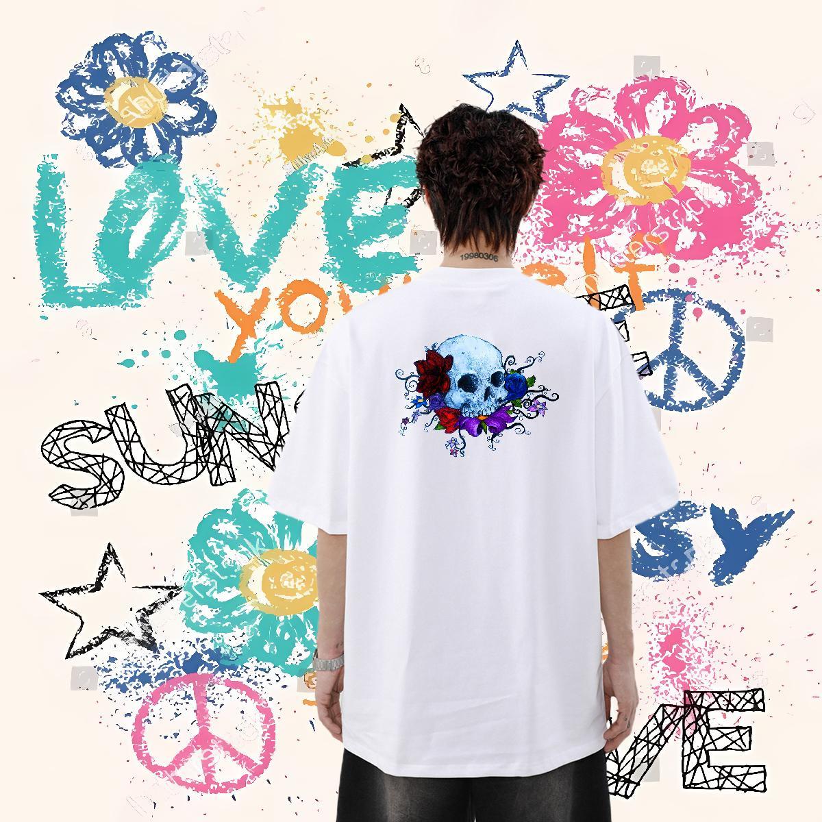 Classic Mens T Shirts skull Wear 100% Cotton 230g Casual Beach Brand Custom Print Oversized Breathable Short Sleeve Men Clothes T-Shirt