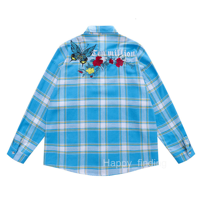 Clothing for Men American Hip-hop Butterfly Embroidery Tassel Shirt Trendy Plaid Long Sleeved Cleanfit Shirt for Men