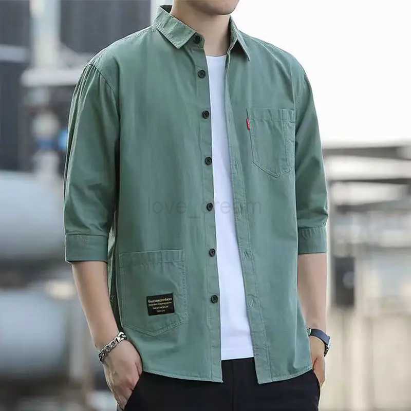 Solid Color Mens Casual Long Sleeve Lapel Casual Loose Handsome All-match Spliced Button Pockets Simplicity Three Quarter ShirtXJ240812