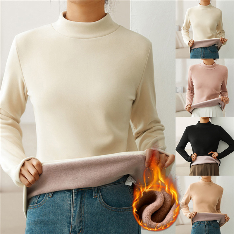 Winter Half High Collar Sweater Velvet Padded Bottom Shirt Women Thicken Long Sleeved TShirt Versatile Warm Cotton Jumper 240730