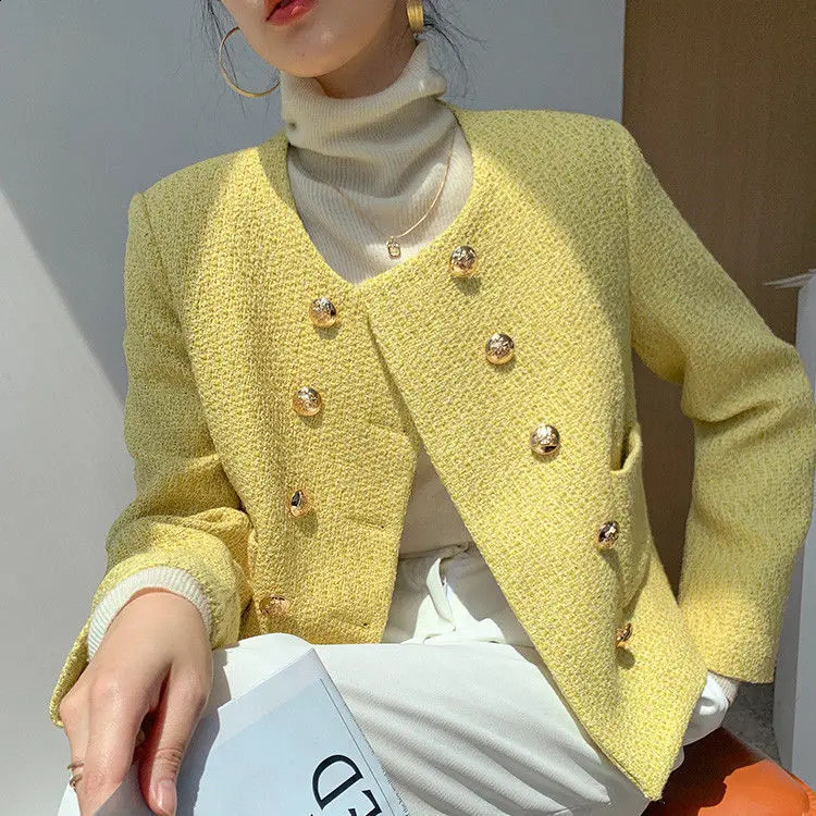 Yellow Chic Style Jacket for Women Spring Arrival Elegant Lady High-End Feel Coarse Tweed Suit Short Top 240812