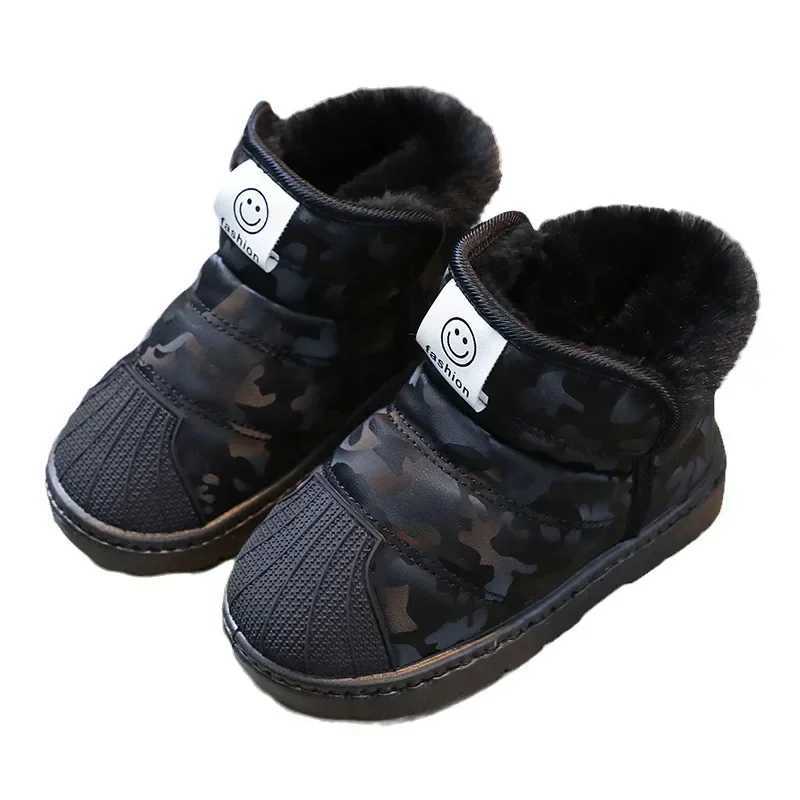 New 2024 Winter Childrens Leather Waterproof Snow Boots for Boys and Girls Fashionable Anti slip Childrens Plush Warm Boots Baby Cotton Shoes W240810