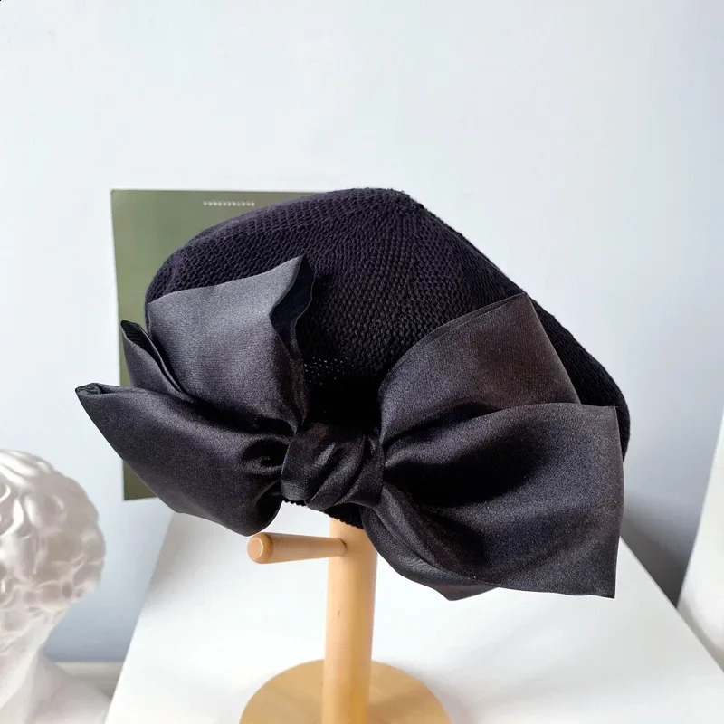 Japanese Style Big Bow Autumn Beret Cap Female Women Summer Breathable Knitted Hat Temperament Painter Hat For Girl 240805