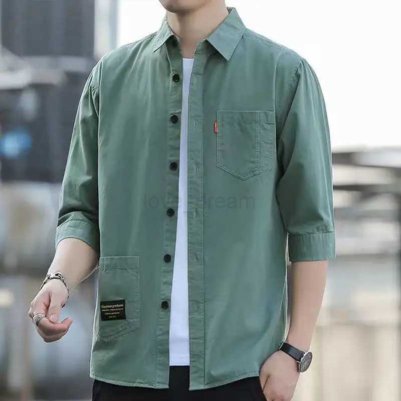 Solid Color Mens Casual Long Sleeve Lapel Casual Loose Handsome All-match Spliced Button Pockets Simplicity Three Quarter ShirtXJ240812