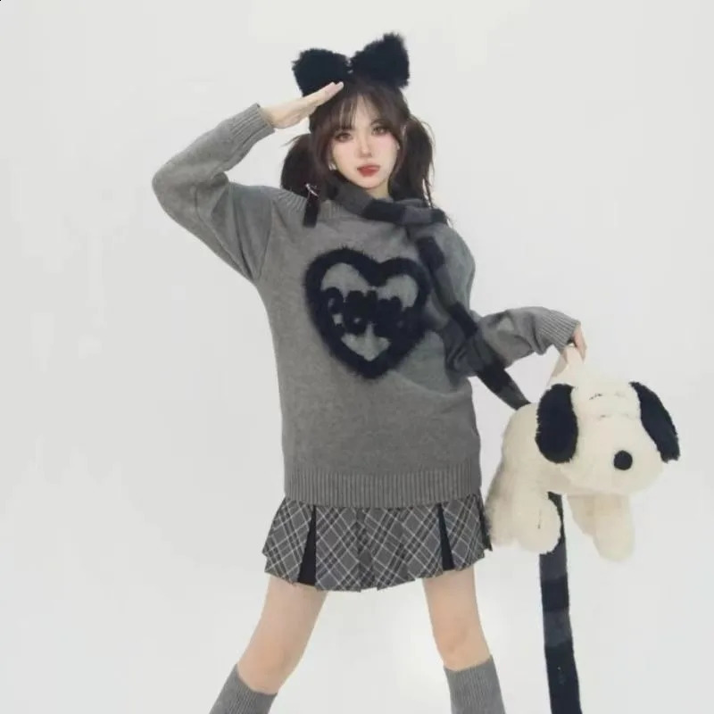 Grey Women Pullovers Sweaters Casaul Off The Shoulder Casual Harajuku Gothic Punk Jumpers Lloose Y2k Japanese Sweater 240812