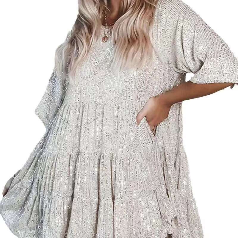 New Fashion Sequin Round Neck Loose Waist Sleeve Short Banquet Dress Waist Self-cultivation Bifurcated Novelty Temperament Lace Dress Silk Dress