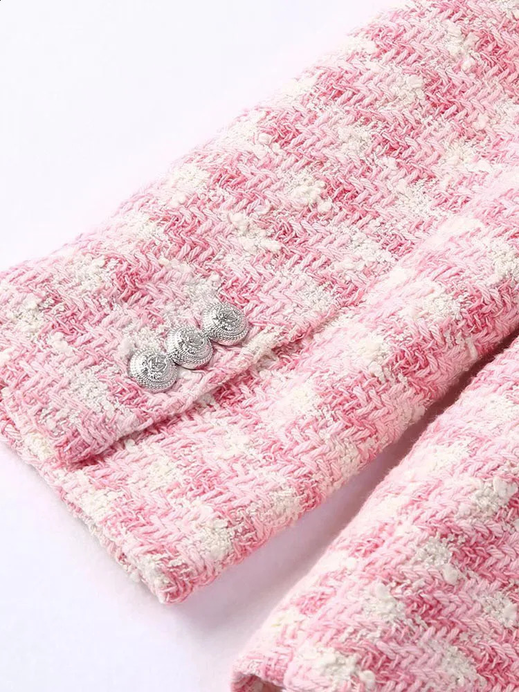 Klacwaya Blazer Women Jacket Pink Plaid Blazer Women Clothing Office Casual Tweed Blazers Double Breasted 240812