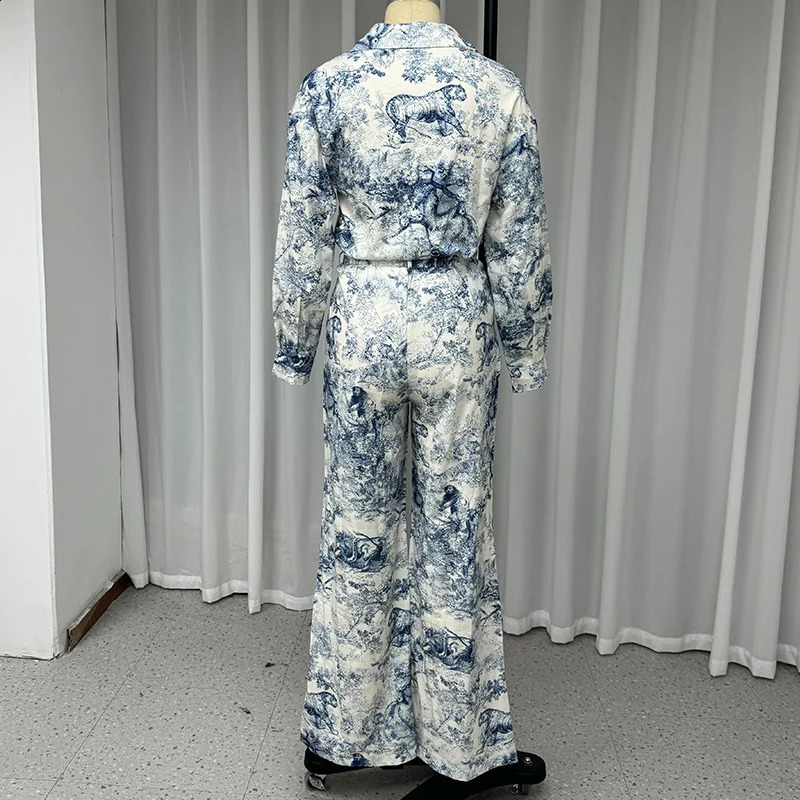 Wefads 2 Piece Set Women Casual Long Sleeve Lapel Printed Single Breasted Button Shirt Top Loose Wide Legs Pants Sets Streetwear 240812