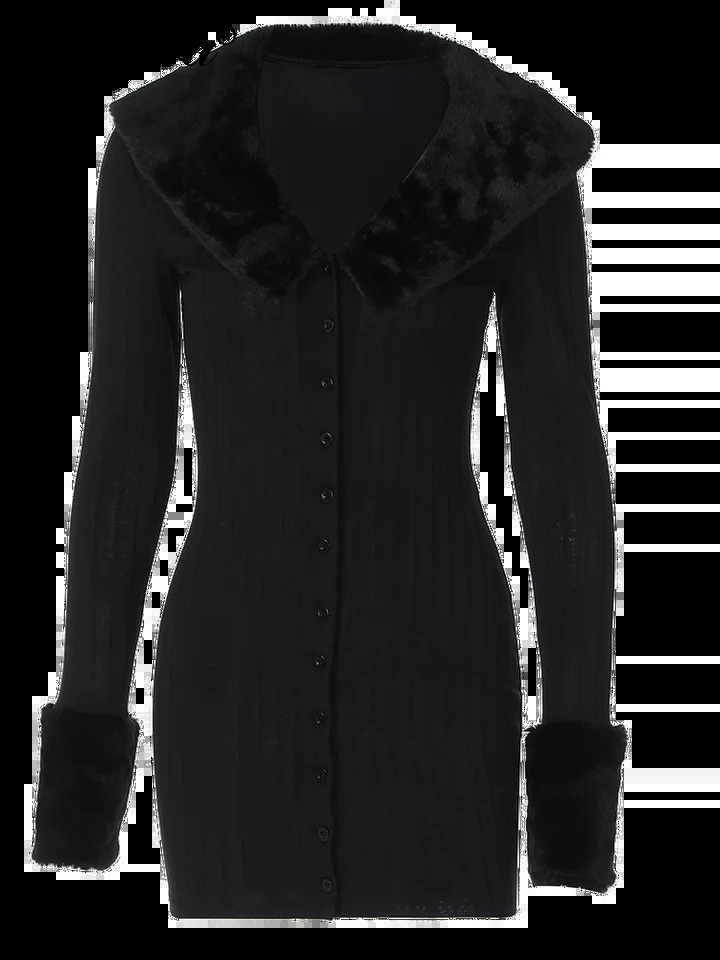 Dulzura Artificial Fur Mini Dress Single-Breasted Ribbed Winter Solid Pure Sexy Vintage Body-Shaping Birthday Evening Party 240812