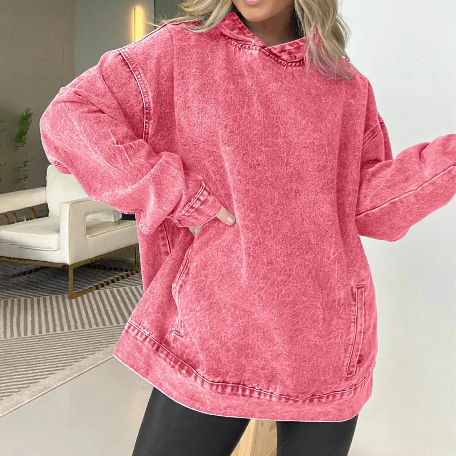 Vintage Distressed Solid Hooded Pullover Hoodie Oversize Woman Washed Wax Dyeing Baggy Casual Hoodies Sweatshirt Women 240812