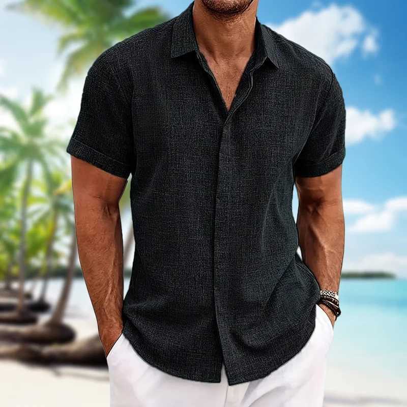 Mens short-sleeved shirt cotton linen lightweight skin-friendly beach top loose casual solid color fashion mens wearXJ240812