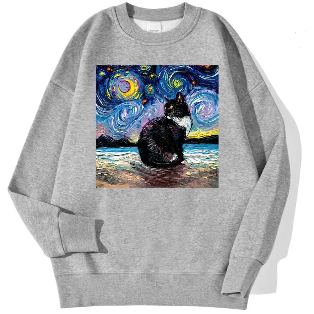 Cat Starry Sky Universe Prints Mens Sportswear Fashion Loose Autumn Hoodie Soft Wool Casual Zipper Simple O-neck DressW240724