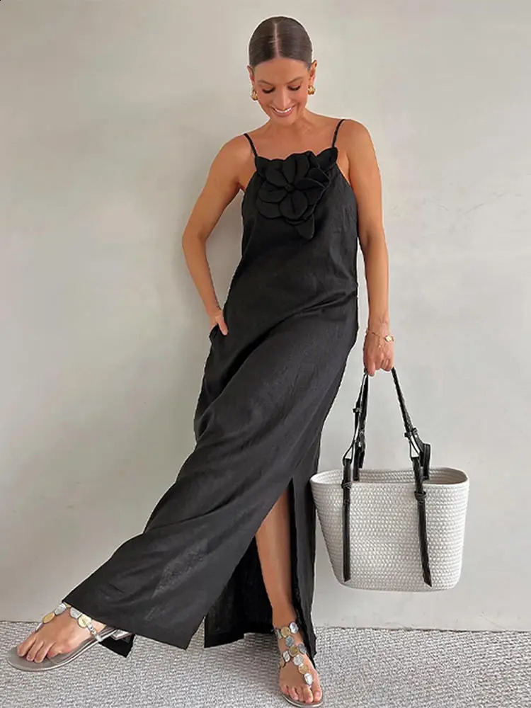 Fashion 3d Flower Solid Halter Dress For Women 2024 Sleeveless Loose Maxi Vestidos Lady Elegant Party High Streetwear 240812