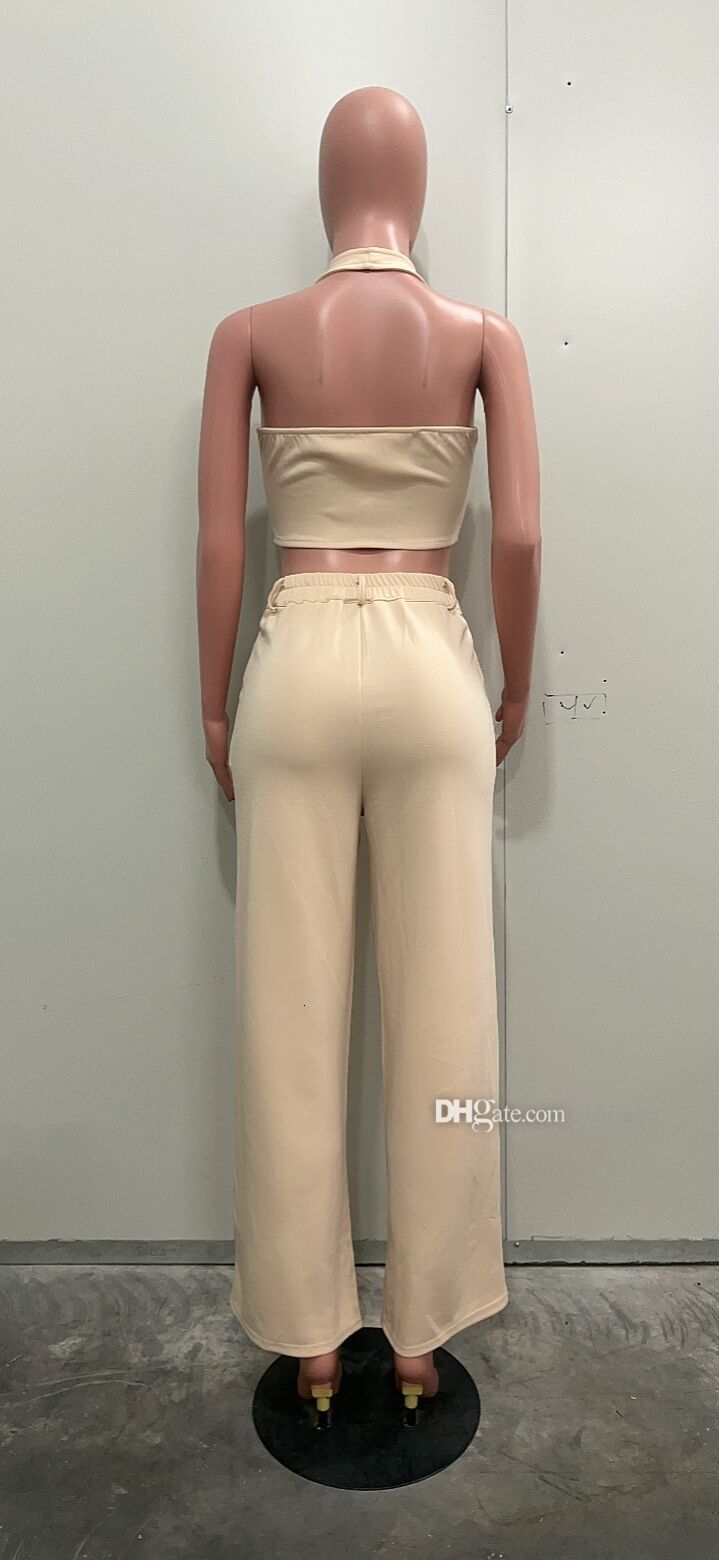 New Fashion Tracksuit Women Solid Color Two Piece Set Sexy Deep V-neck Hanging Neck Vest Suit And Loose Pants 2Pcs Sets For Women Outfits