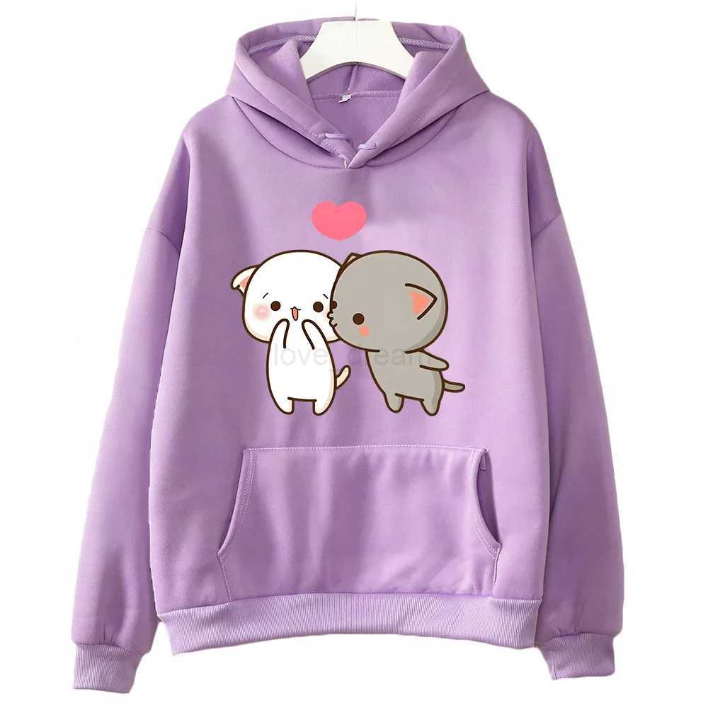 Peach And Goma Mochi Cute Cat Cartoon Print Clothing Plus Size Hoodie Men Women Couple Sweatshirts Long Sleeve Fmeale StreetwearXJ240812