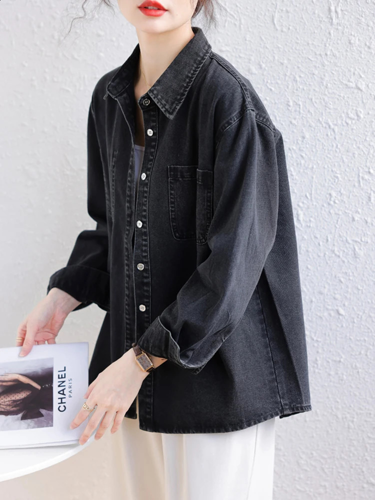 Black Thin Vintage Denim Shirts For Women 2024 Spring Streetwear Retro Long Sleeve Loose Jeans Tops Lady 240812