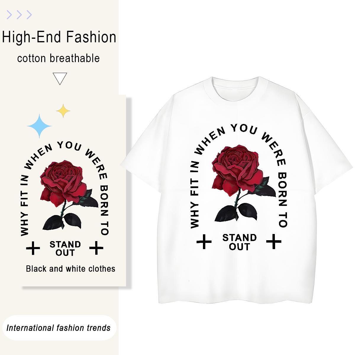 Free Shipping Men Tops Tees Outdoor 230g 100% Cotton Black White Pure Cotton ROSE T shirt DIY Polos