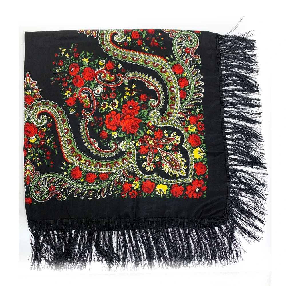 135 * 135cm Womens Square Scarf Babushka Headscarf Shawl Retro Flower Pattern National Scarf W240810