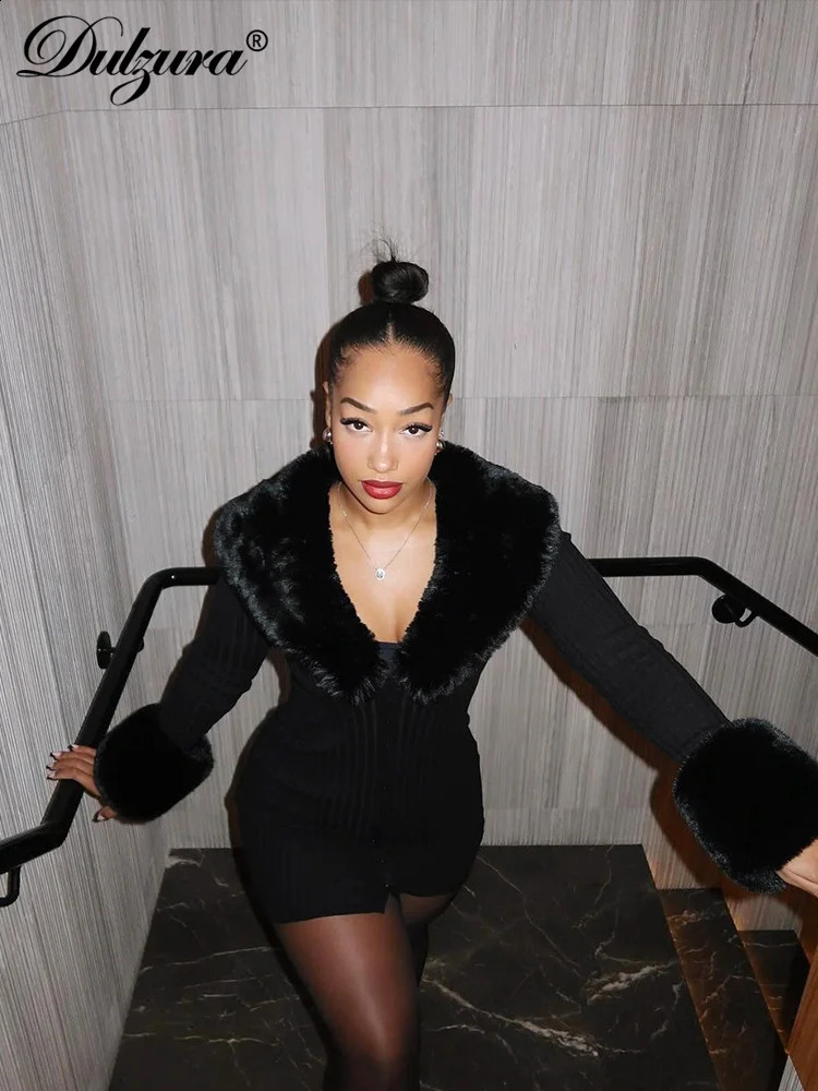 Dulzura Artificial Fur Mini Dress Single-Breasted Ribbed Winter Solid Pure Sexy Vintage Body-Shaping Birthday Evening Party 240812