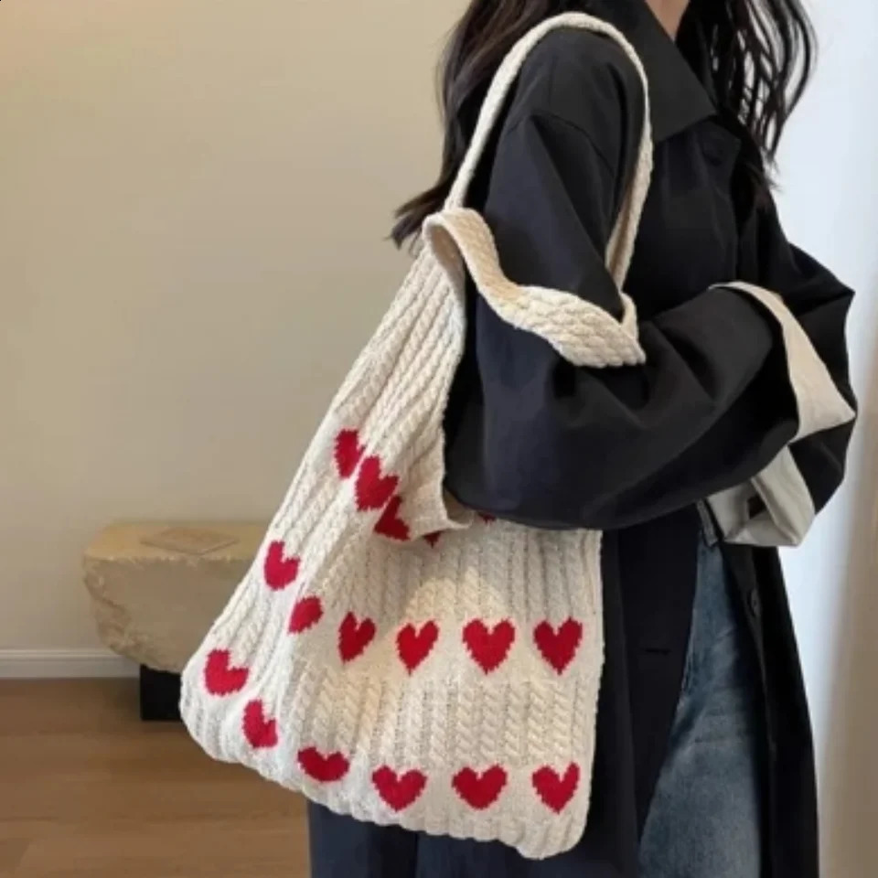 Large Capacity Knitted Handbags Casual Hollow Woven Shoulder Bag Handle Women 240812ZYl