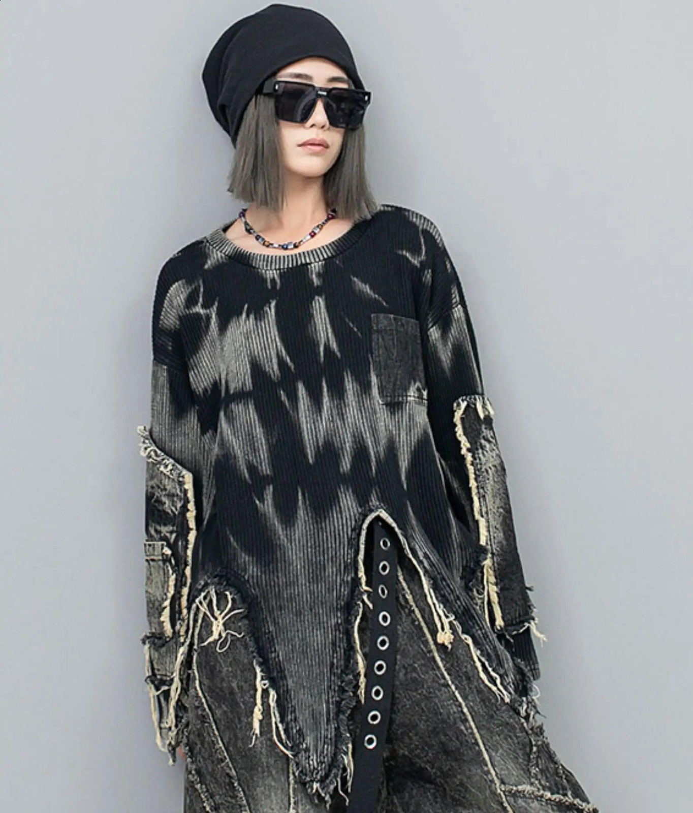 Woman Autumn Personality Vintage Distressed Tie-dye Denim Irregular Long Sleeve Knit Patchwork Streetwear Sweater O-neck Top 240812