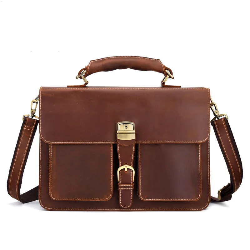 Fashionable retro large capacity leather mens briefcase top laptop bag crazy horse 15 inch computer messenger 240810