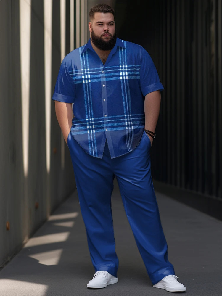 L-9XL Short Sleeved Shirt Long Pants Set Plus Size Men Summer Business Classic Plaid Print Casual Temperament Two-Piece Set ZOOY240812