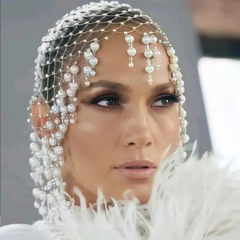 Stonefans Wedding Pearl Tassel Hair Accessories Wedding Hairband Handmade Hollowed Mesh Headpiece Head Chain Head Cap Gifts 240805