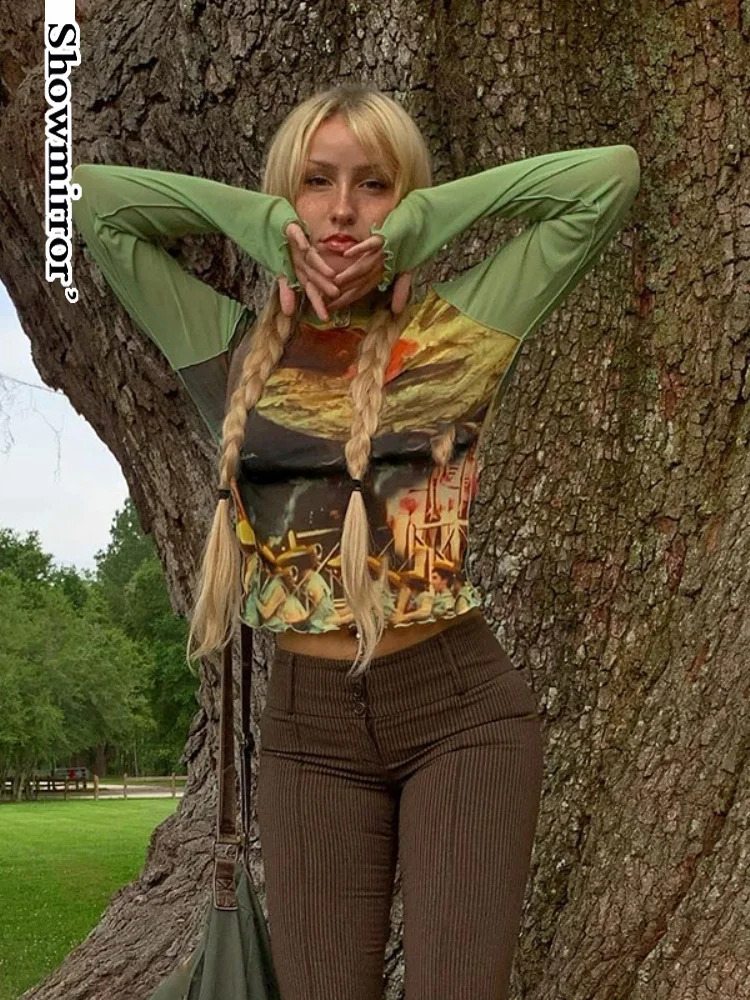 Fairycore Grunge Mesh Y2K T-shirt Womens Retro Green Retro Printed Cut Top Y2K Comparison Summer T-shirt240812