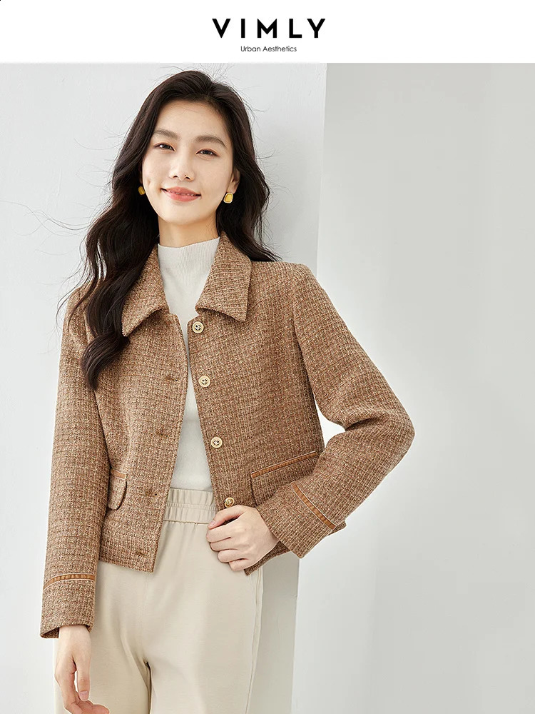 Vimly Elegant Pink Tweed Jacket Autumn Winter Clothes Women Single Breasted Long Sleeve Lapel Texture Coat Outerwear M2891 240812
