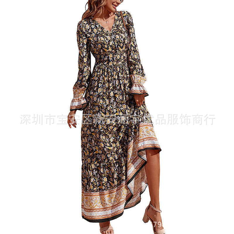 Solid Printing Versatile Temu Autumn New Womens Bohemian Dress Tiktok Sleeve Big Swing Long Floral Dress Loose Temperament Sexy High Waist Dress Denim