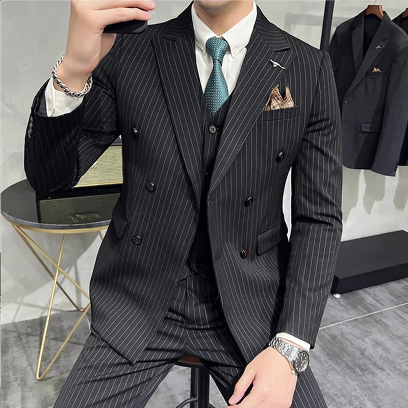 Fashion Mens Boutique Business Slim Wedding Striped Double Breasted Suit Blazers Jacket Pants Trousers Vest 3 Pcs Set 240812