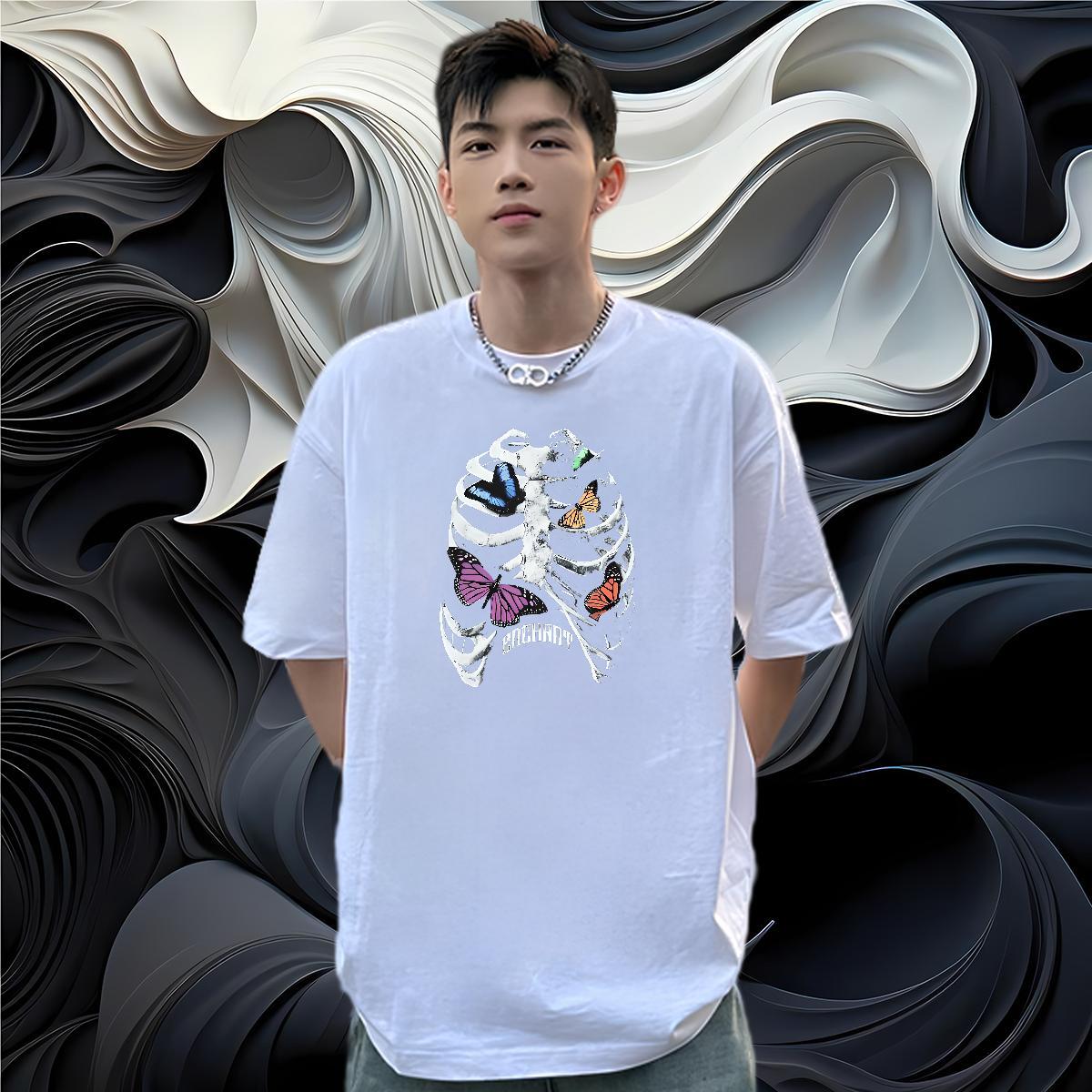 Casual New T-Shirts for Men butterfly Tops Shirt 100% Cotton 230g Street Casual Comfortable Oversized Short Sleeve O-Neck Tshirts