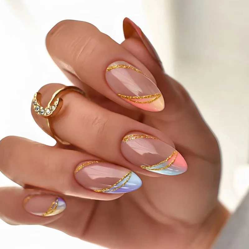 24 PCs Short French Gradient Gold Line Nails with 1 Jelly Gel and 1 Nail FileXJ250110