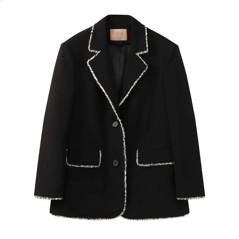 Women Black Tweed Splice Blazer Notched Long Sleeve Loose Fit Suit Jacket Fashion Spring Autumn Office Ladies Coat Tops 240812