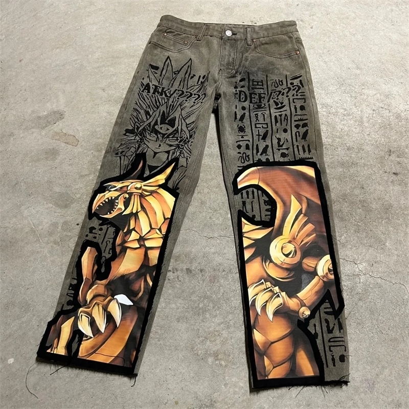 Harajuku y2k baggy jeans blue eyes white dragon print wide leg denim pants anime jeans streetwear trouser men clothing 240810