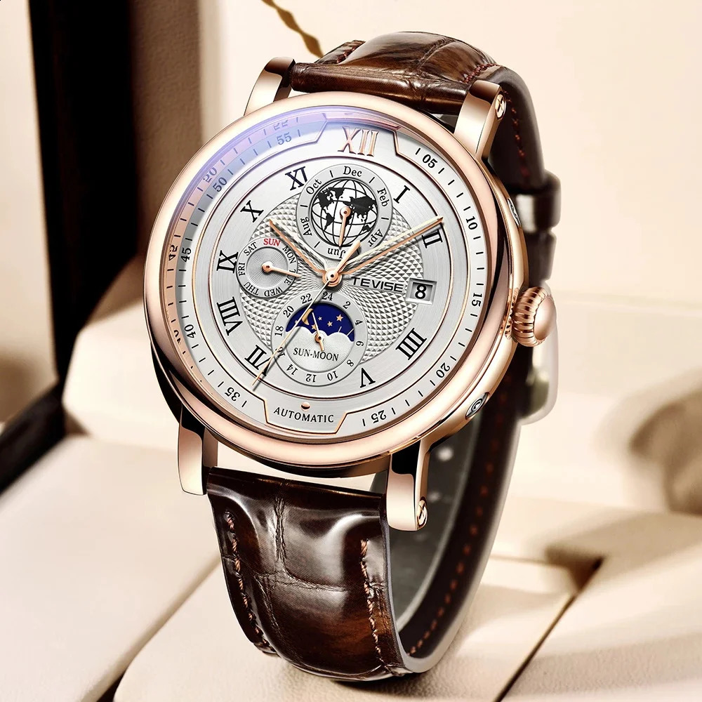 TEVISE Business Waterproof Mens Mechanical Watches Top Leather Watch For Men Moon Phase Automatic Wristwatch 240808