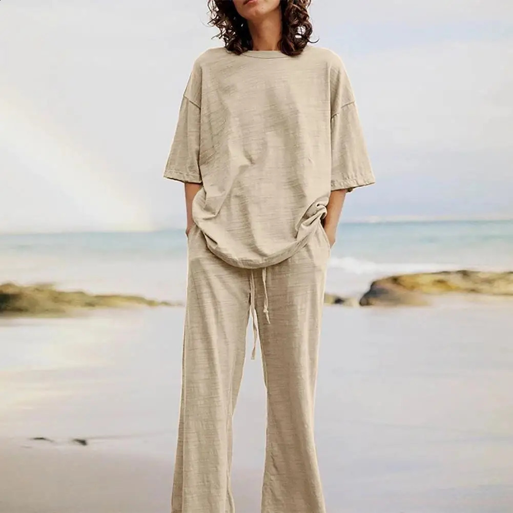 Fashion Women Tracksuit Sets Casual Solid Color Half Sleeve O-neck Pullover Wide Leg Pant Suits Female ensemble jogging femme 240809