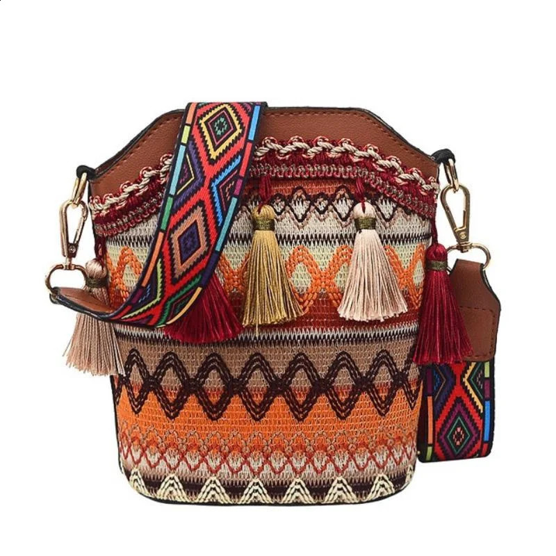 Ethnic Style Woven Tassel Bucket Bag Bohemian Oneshoulder Messenger Crossbody Bags for Women 240810Z