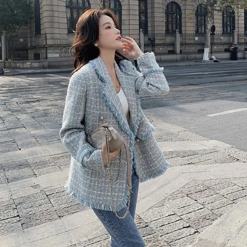 Spring Autumn Casual Woolen Suit Jacket Womens Outwear Fashion Loose Mid-Length Double-Breasted Burrs Chic Tweed Coat 240812