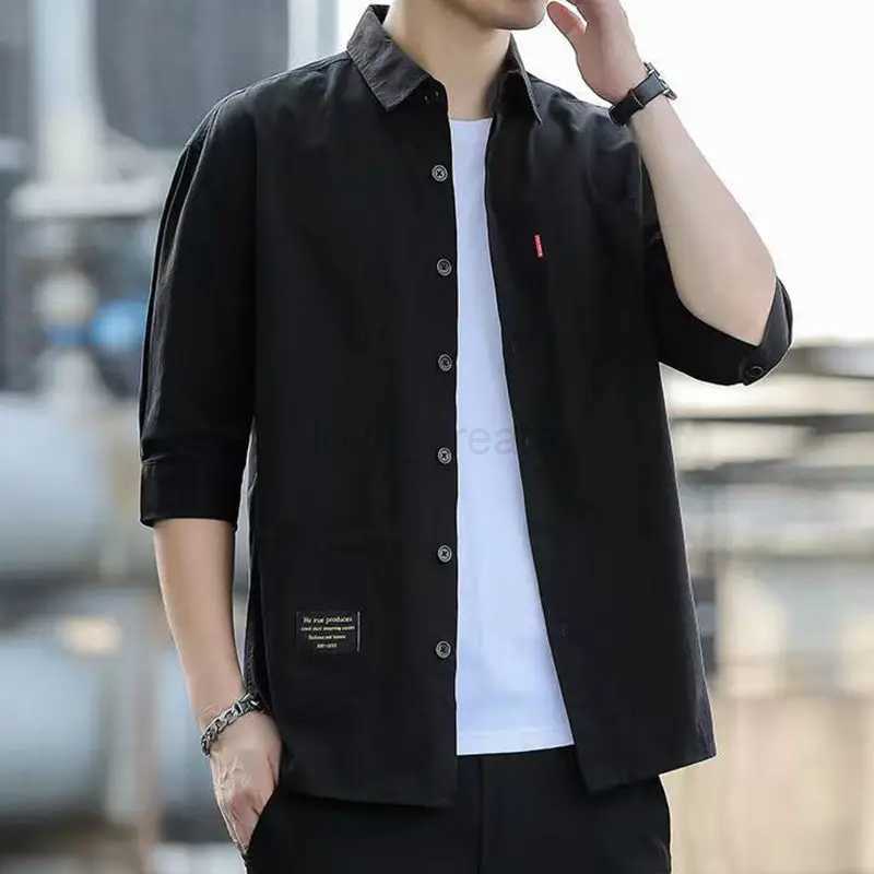 Solid Color Mens Casual Long Sleeve Lapel Casual Loose Handsome All-match Spliced Button Pockets Simplicity Three Quarter ShirtXJ240812