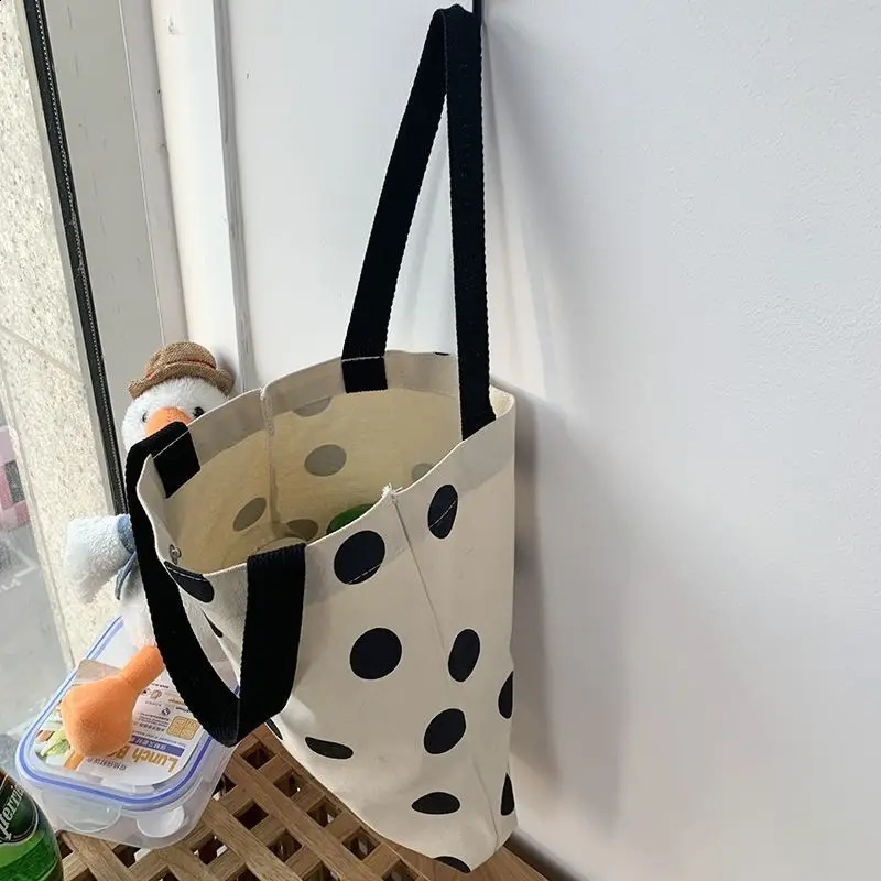 Fashion Solid Color Canvas Small Shopper Bag Women Black Large Capacity Dots Shoulder 240812