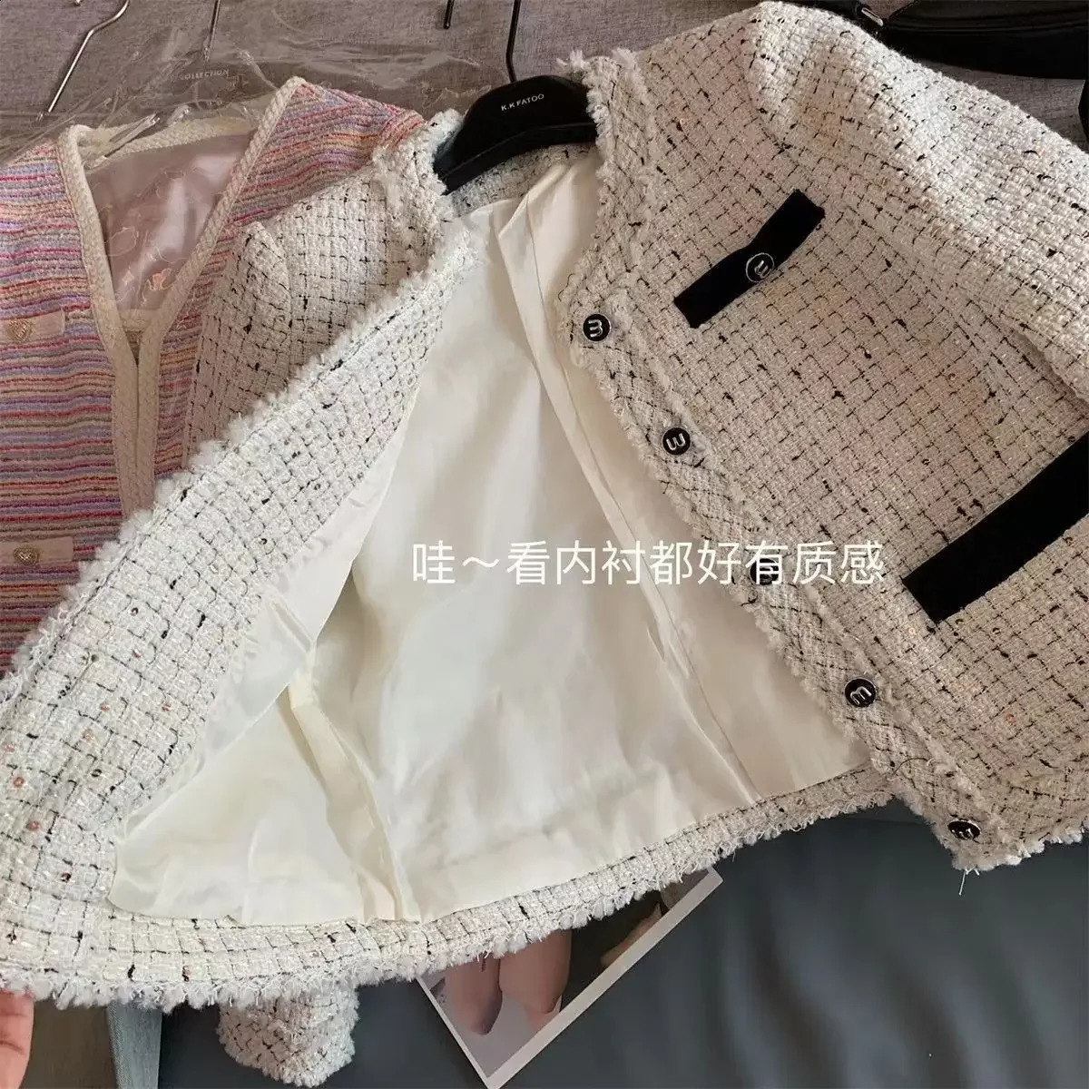 UNXX Bow-tie Wool Elegant Jacket Womens Autumn Winter Round Neck Tweed Woven Sequin Woolen Blazer Top High Quality Trendy 240812