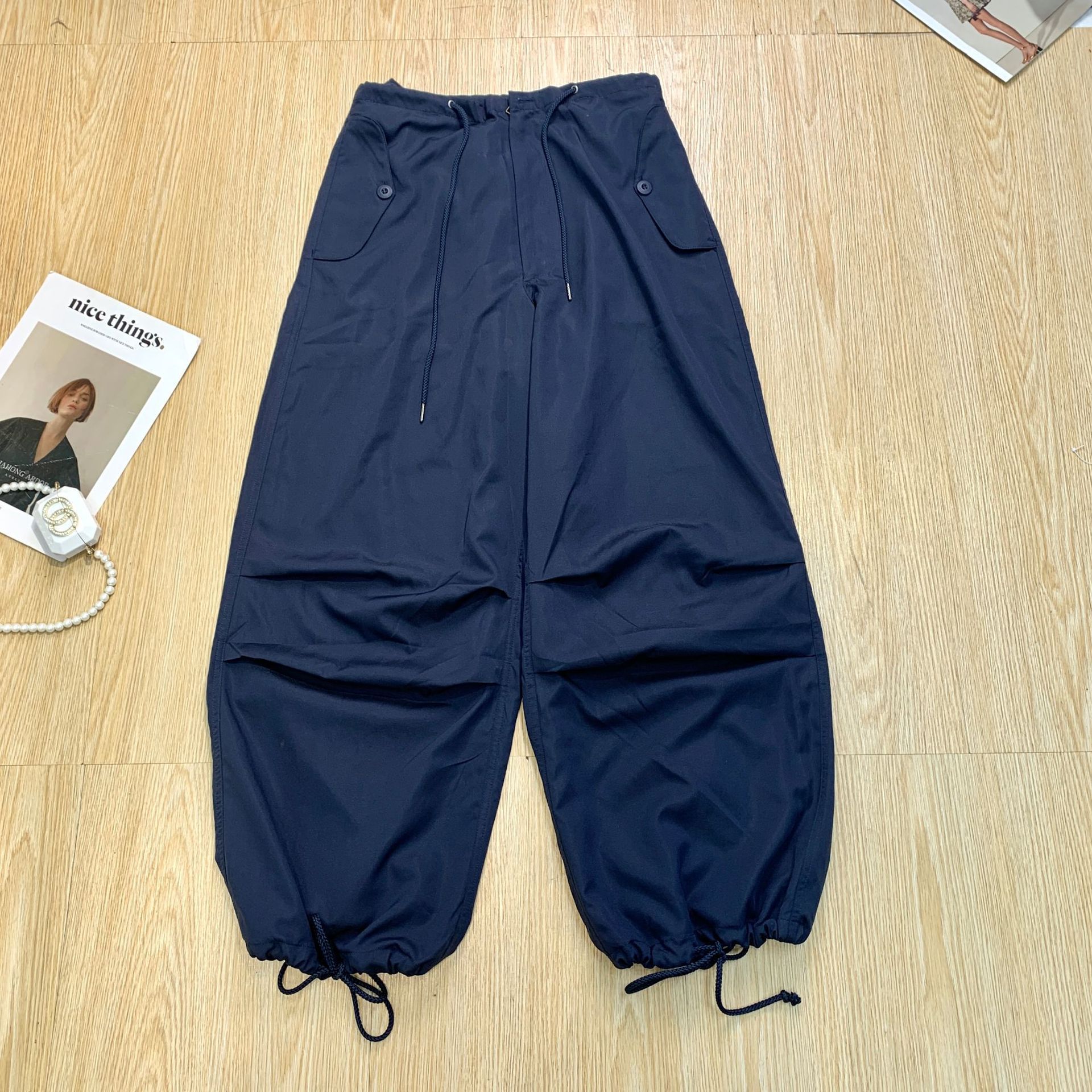 Clash navy blue vintage super loose paper bag pants temperament Hepburn style niche wide leg pants women