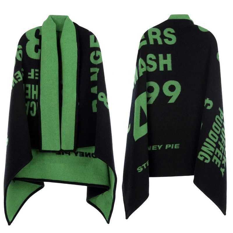 Letter Green Ponchos Cape Scarf Womens Thick Knitted Wool Scarf Coat Winter Warm Shawl Bag Size Up W240810