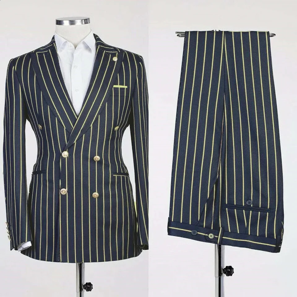 Mens Suits Stripe Business Blazer Sets 2 Pcs Male Coat with Pants Double Breasted Jacket British Style Pantsuits Customize 240812