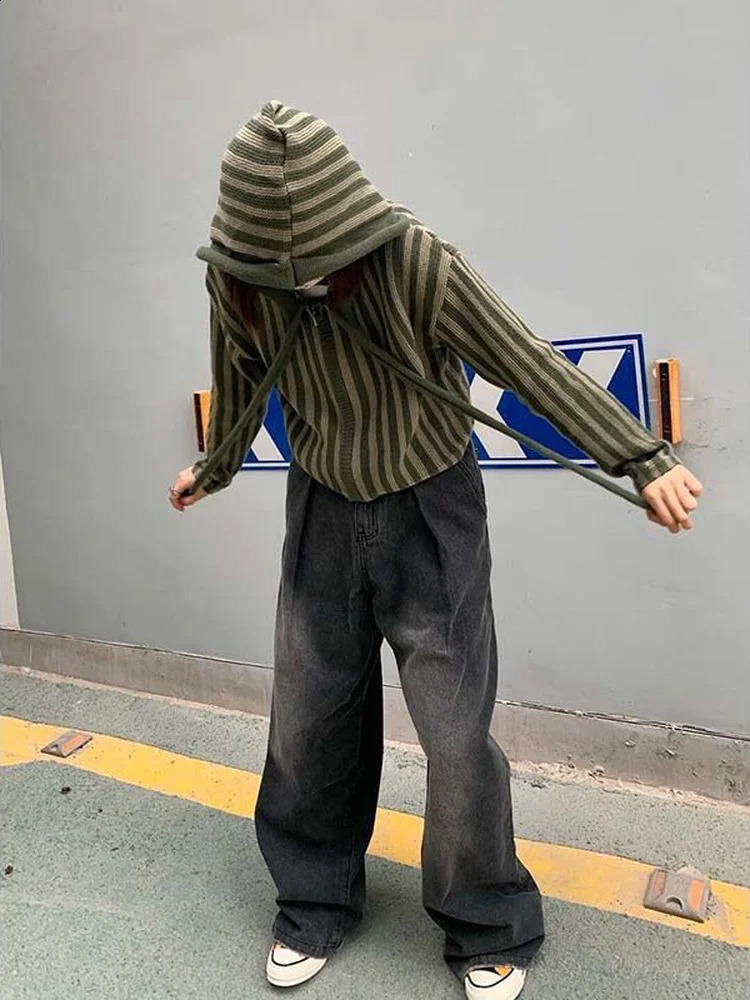 Spring Autumn Korean Hooded Loose Harajuku Sweaters Women Striped Zipper Cardigan Knitted Fashion Gothic Y2k Tops Jumper 240812