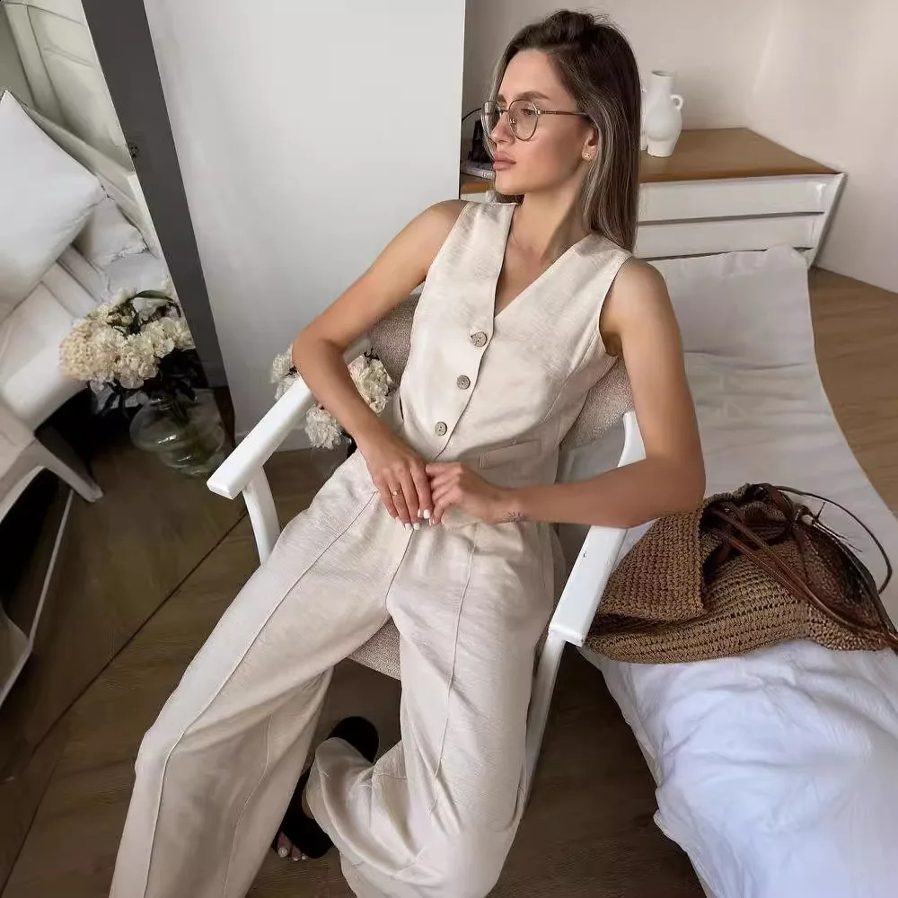 Womens Two-piece Solid Color V-neck Sleeveless Button Down Vest with Hanging Wide Leg Pants Casual Set for Summer 240812
