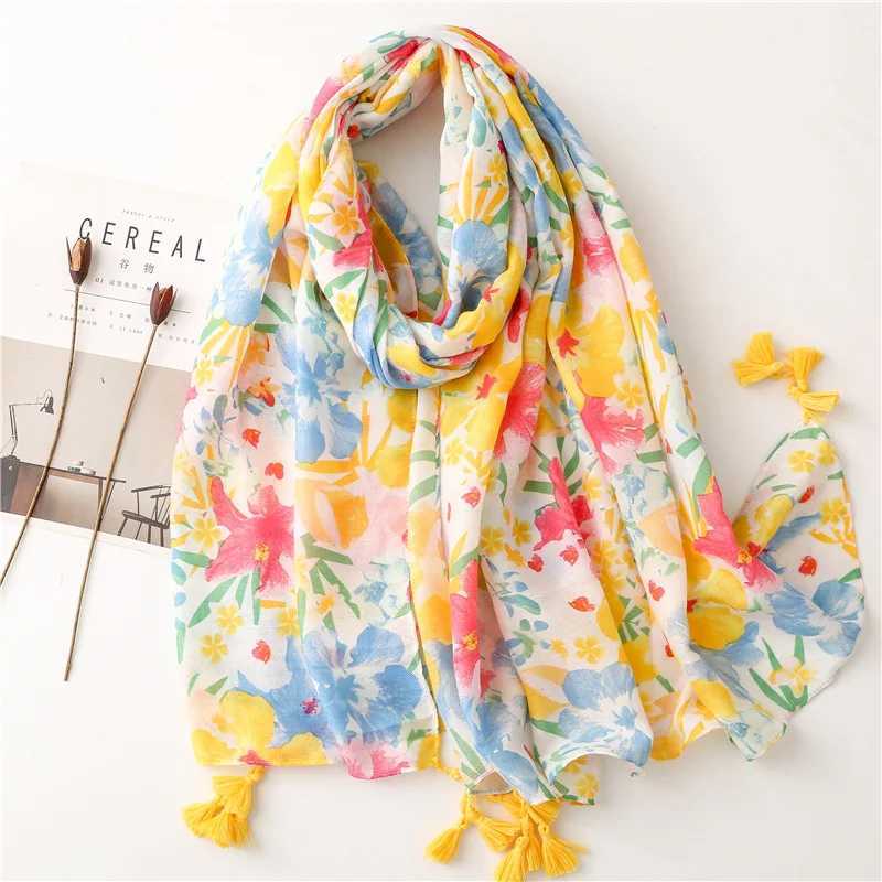 2023 Luxury Brand Ink Painting Flower tassel Adhesive Shawl Scarf Womens High Quality Pashmina Headscarf and Wrap Foulard Muslim Sjaal W240810