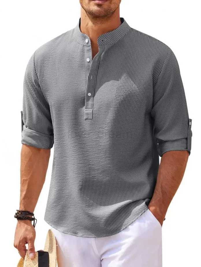 Cotton Linen Hot Sale Mens Long-Sleeved Shirts Spring Autumn Solid Color Stand-Up Collar Casual Beach Style Plus Size S-5XLXJ240812